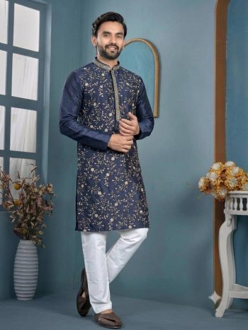 NEW ARRIVAL TRENDY SILK THREAD  SEQUENCE WORK MEN'S KURTA PAYJAMA NAVY BLUE