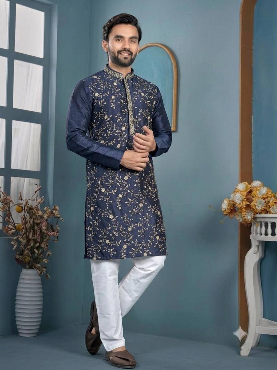 NEW ARRIVAL TRENDY SILK THREAD SEQUENCE WORK MEN'S KURTA PAYJAMA WEDDING WEAR WHOLESALE PRICE ETHNIC GARMENT (9)