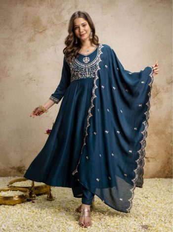 NEW ARRIVAL VICHITRA SILK SEQUENCE CODING EMBROIDERY WORK TOP BOTTOM WITH DUPATTA TEAL
