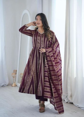 NEW ARRIVAL VISCOSE WEAVING JACQUARD REAL MIRROR LACE WORK GOWN BOTTOM WITH DUPATTA WINE