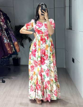 NEW ARRIVAL WIEGHTLESS PRINTED WITH DOUBLE FRILL PATTERNS WORK GOWN PINK
