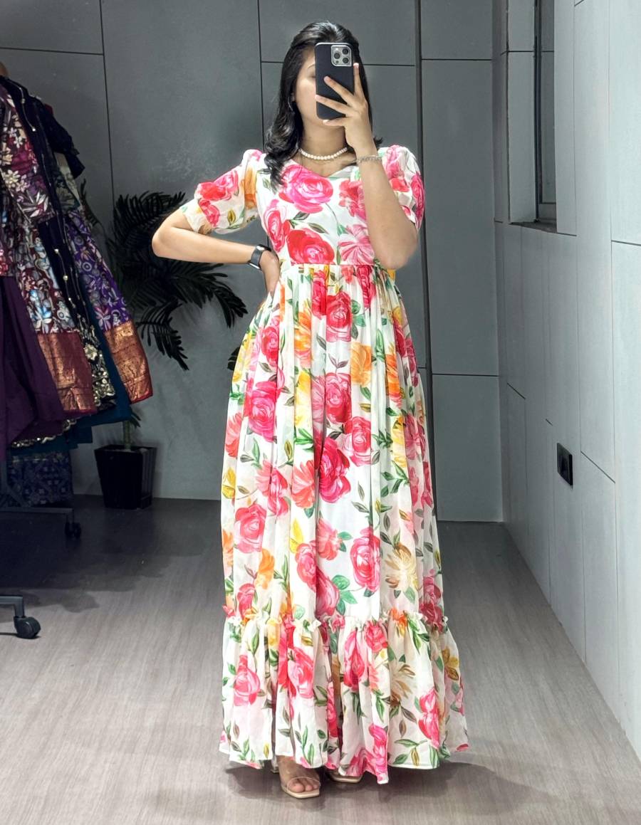 NEW ARRIVAL WIEGHTLESS PRINTED WITH DOUBLE FRILL PATTERNS WORK GOWN DAILY WEAR WHOLESALE PRICE ETHNIC GARMENT (1)