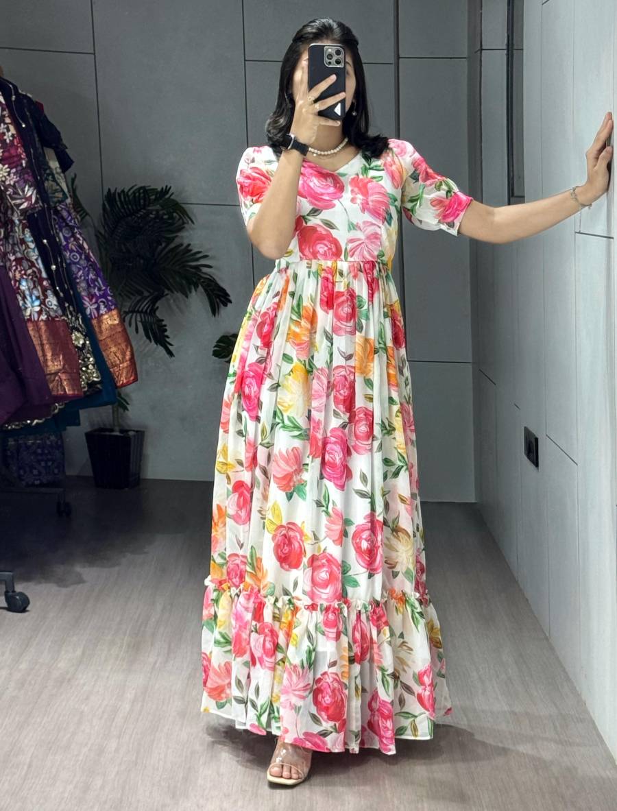 NEW ARRIVAL WIEGHTLESS PRINTED WITH DOUBLE FRILL PATTERNS WORK GOWN DAILY WEAR WHOLESALE PRICE ETHNIC GARMENT (4)