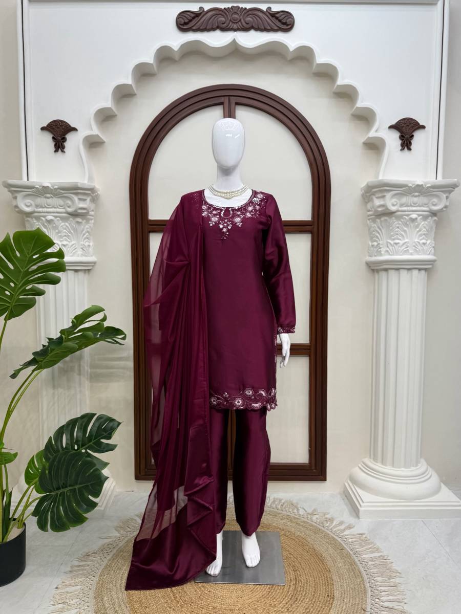 RICH LOOK AMERICAN SILK THREAD & SEQUENCE WORK TOP BOTTOM WITH DUPATTA FESTIVE WEAR WHOLESALE PRICE ETHNIC GARMENT (4)