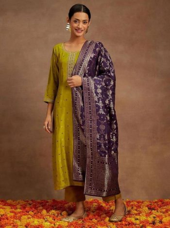 RICH LOOK ART SILK WEAVING WORK TOP BOTTOM WITH DUPATTA LEMON