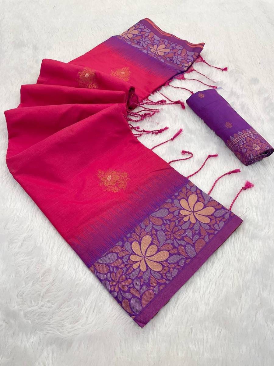 RICH LOOK BANARASI SILK COPPER ZARI FLOWER MOTIFS & WOVEN BORDER WORK SAREE WITH UNSTITCHED BLOUSE FESTIVE WEAR WHOLESALE PRICE ETHNIC GARMENT (10)