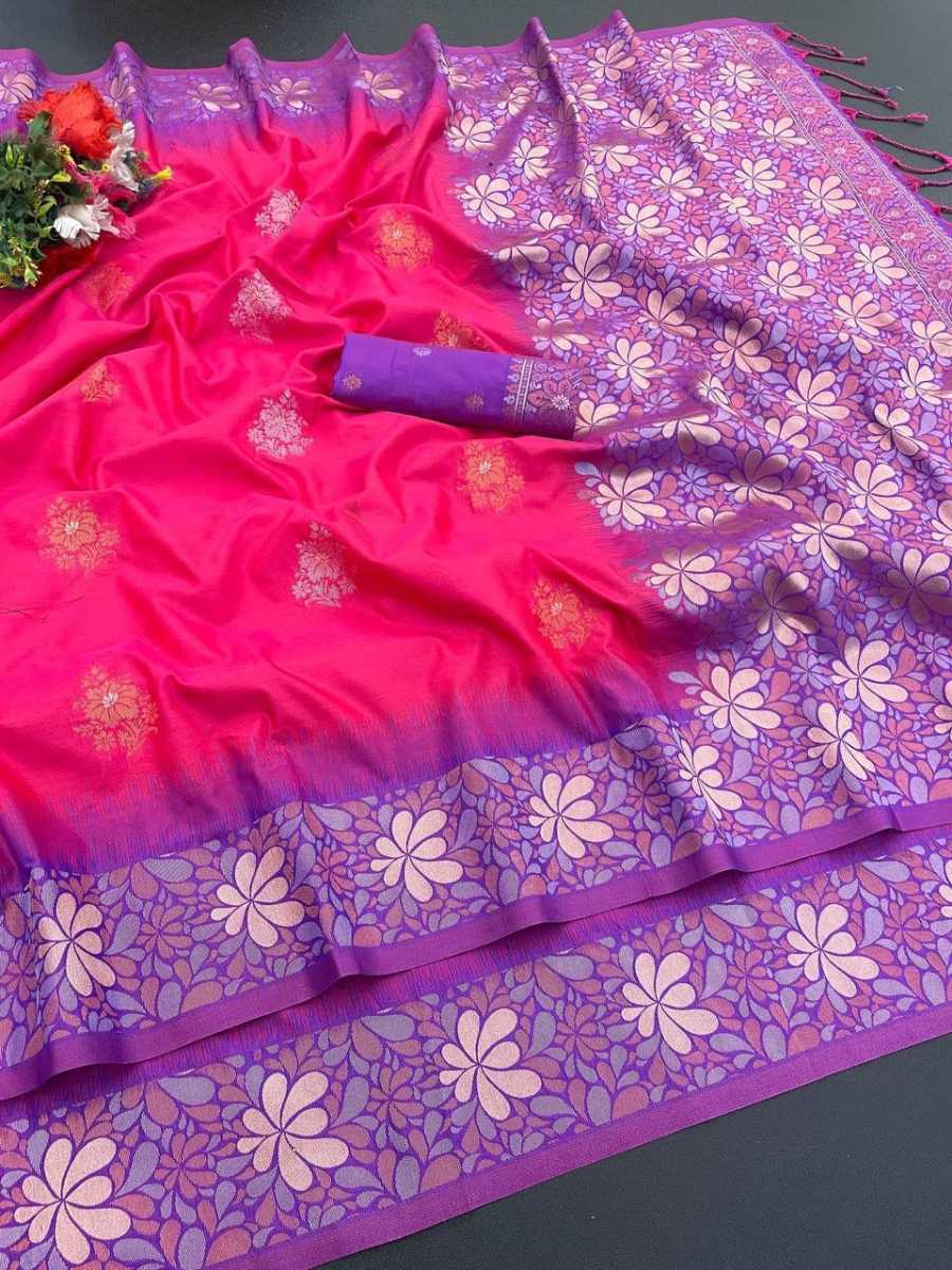 RICH LOOK BANARASI SILK COPPER ZARI FLOWER MOTIFS & WOVEN BORDER WORK SAREE WITH UNSTITCHED BLOUSE FESTIVE WEAR WHOLESALE PRICE ETHNIC GARMENT (11)