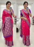 RICH LOOK BANARASI SILK COPPER ZARI FLOWER MOTIFS & WOVEN BORDER WORK SAREE WITH UNSTITCHED BLOUSE RANI