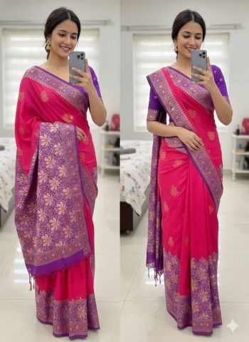 RICH LOOK BANARASI SILK COPPER ZARI FLOWER MOTIFS & WOVEN BORDER WORK SAREE WITH UNSTITCHED BLOUSE RANI