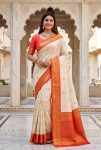 RICH LOOK BANARASI SILK WEAVING WORK SAREE WITH UNSTITCHED BLOUSE MAROON AND WHITE