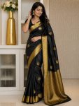 RICH LOOK BANARASI SILK WEAVING WORK SAREE WITH UNSTITCHED BLOUSE BLACK