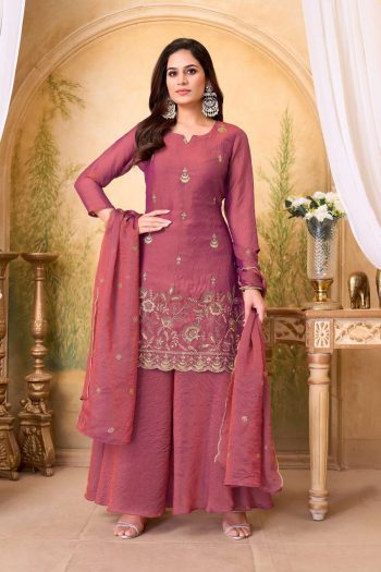 RICH LOOK BERRY SILK EMBROIDERY, SEQUENCE & CODING WORK TOP PALAZZO WITH DUPATTA PEACH