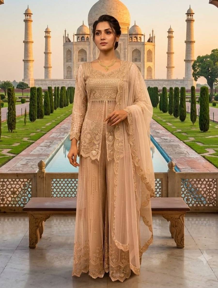 RICH LOOK BUTTERFLY NET SEQUENCE EMBROIDERY WORK TOP PALAZZO WITH DUPATTA PARTY WEAR WHOLESALE PRICE ETHNIC GARMENT (1)