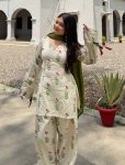 RICH LOOK CAMBRIC COTTON DIGITAL PRINT WORK TOP PATIYALA WITH DUPATTA OFF WHITE AND GREEN