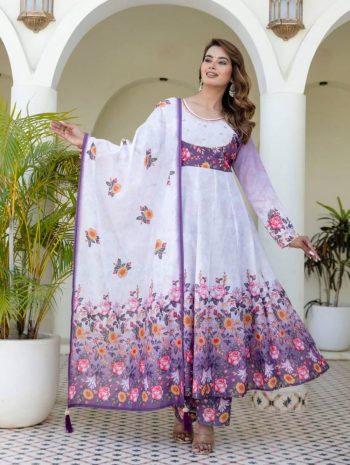 RICH LOOK CHANDERI DIGITAL PRINT WITH HAND WORK GOWN BOTTOM WITH DUPATTA PURPLE