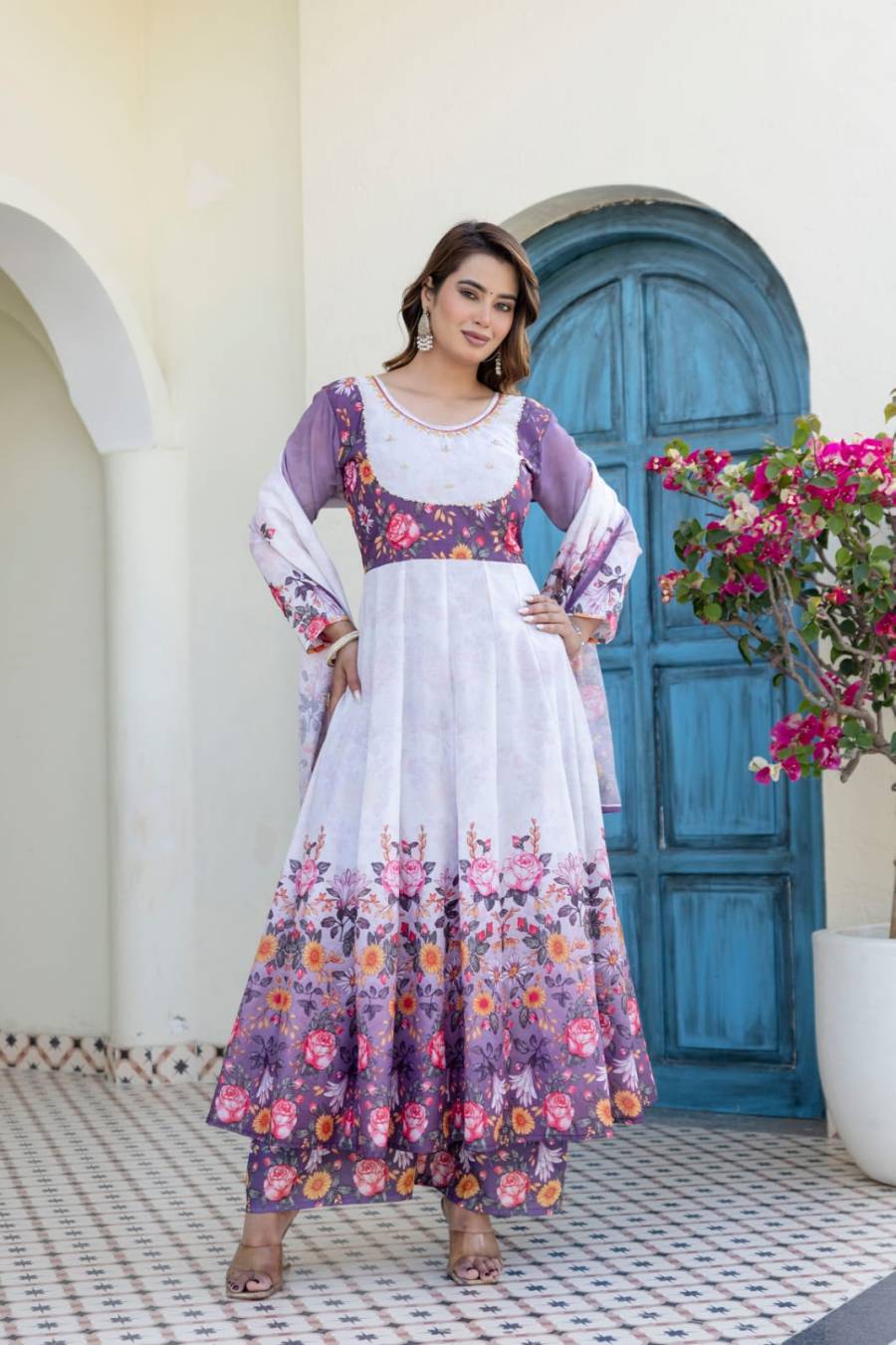RICH LOOK CHANDERI DIGITAL PRINT WITH HAND WORK GOWN BOTTOM WITH DUPATTA FESTIVE WEAR WHOLESALE PRICE ETHNIC GARMENT (7)