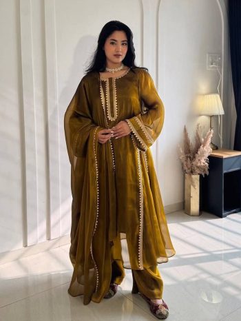 RICH LOOK CHIFFON BURBERRY SILK FANCY READYMADE LACE WORK TOP BOTTOM WITH DUPATTA MUSTARD