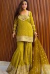 RICH LOOK CHINON SILK DIGITAL PRINT WITH EMBROIDERY 5 MM SEQUENCE WORK TOP SHARARA WITH DUPATTA YELLOW