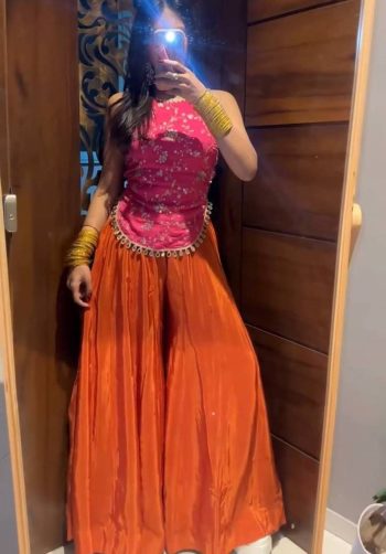 RICH LOOK CHINON SILK EMBROIDERY WITH SEQUENCE MULTI NEEDLE EMBROIDERY, ZARI WORK TOP PALAZZO SET ORANGE AND PINK