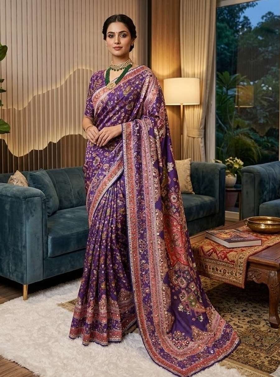 RICH LOOK CHINON SILK MIRROR HANDWORK, PIPING BORDER WITH TASSELS SAREE WITH UNSTITCHED BLOUSE WEDDING WEAR WHOLESALE PRICE ETHNIC GARMENT (1)