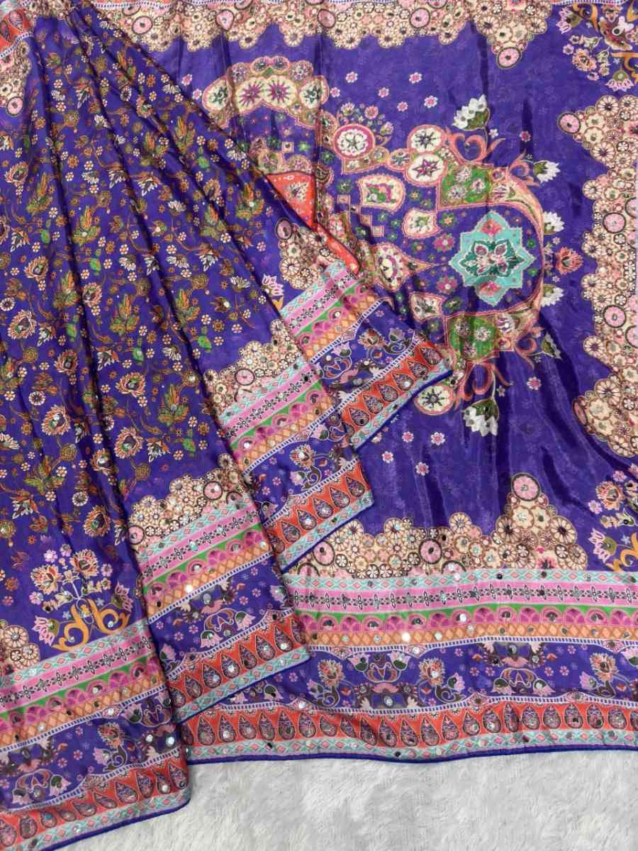 RICH LOOK CHINON SILK MIRROR HANDWORK, PIPING BORDER WITH TASSELS SAREE WITH UNSTITCHED BLOUSE WEDDING WEAR WHOLESALE PRICE ETHNIC GARMENT (12)