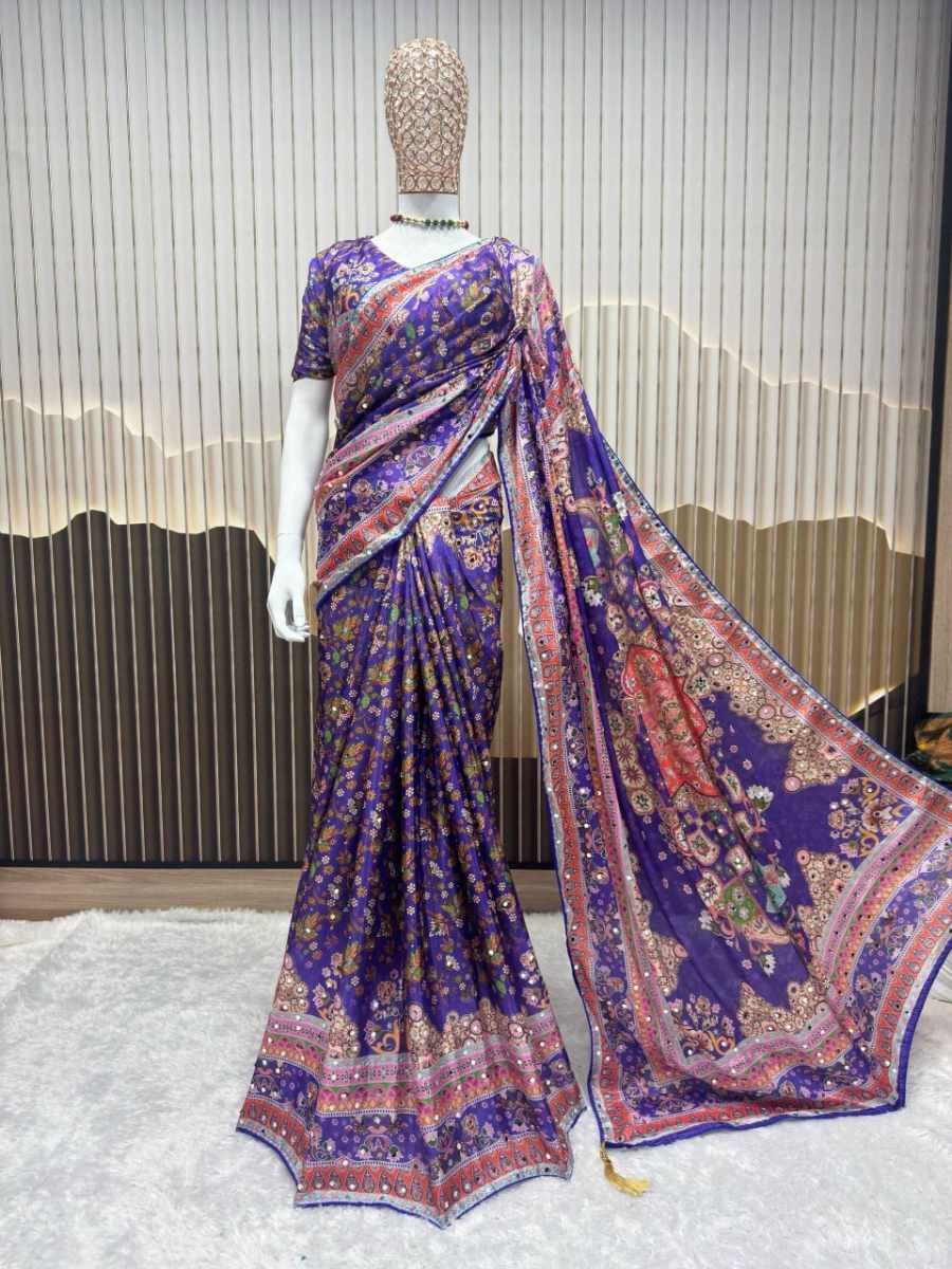 RICH LOOK CHINON SILK MIRROR HANDWORK, PIPING BORDER WITH TASSELS SAREE WITH UNSTITCHED BLOUSE WEDDING WEAR WHOLESALE PRICE ETHNIC GARMENT (13)