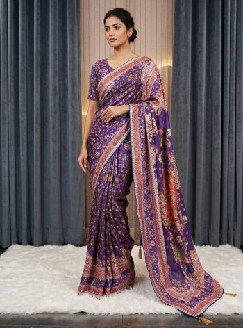 RICH LOOK CHINON SILK MIRROR HANDWORK, PIPING BORDER WITH TASSELS SAREE WITH UNSTITCHED BLOUSE PURPLE