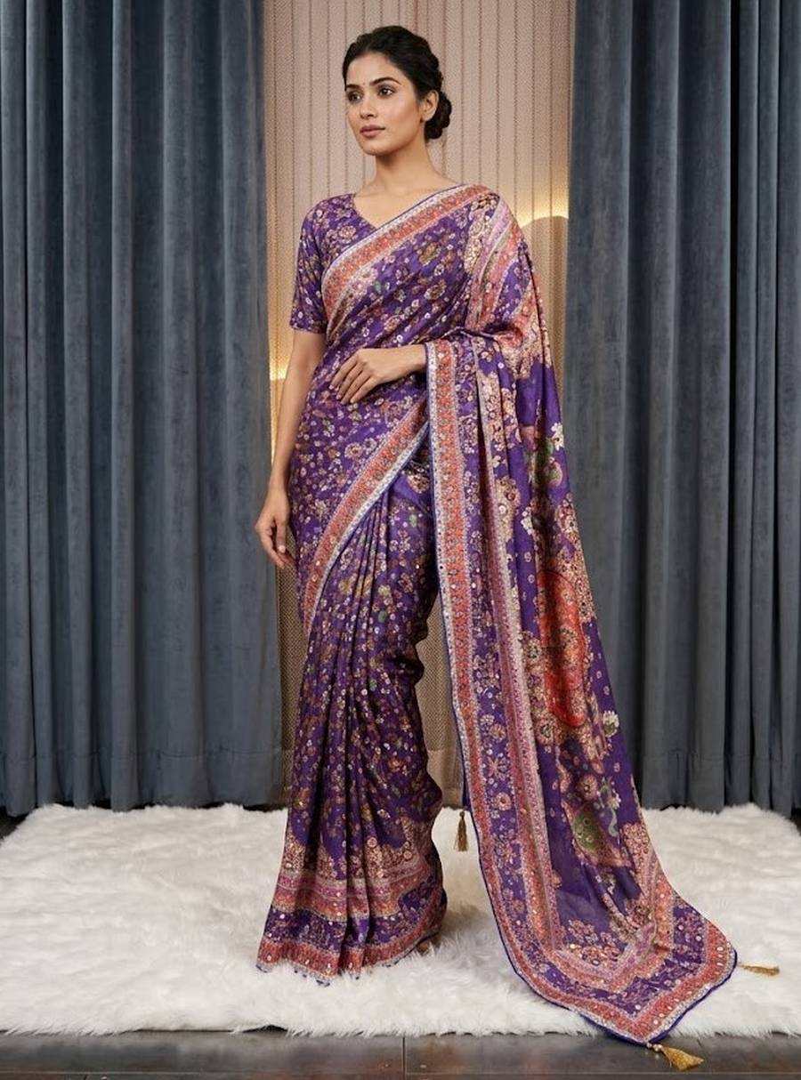 RICH LOOK CHINON SILK MIRROR HANDWORK, PIPING BORDER WITH TASSELS SAREE WITH UNSTITCHED BLOUSE WEDDING WEAR WHOLESALE PRICE ETHNIC GARMENT (2)