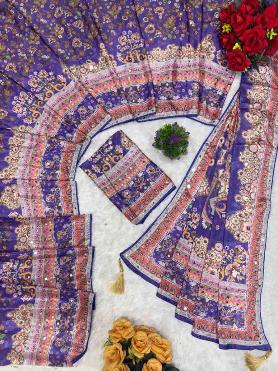 RICH LOOK CHINON SILK MIRROR HANDWORK, PIPING BORDER WITH TASSELS SAREE WITH UNSTITCHED BLOUSE WEDDING WEAR WHOLESALE PRICE ETHNIC GARMENT (7)