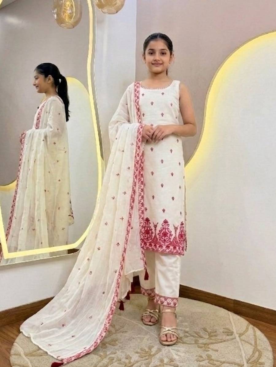 RICH LOOK COTOTN EMBROIDERY WORK KID'S TOP BOTTOM WITH DUPATTA FESTIVE WEAR WHOLESALE PRICE ETHNIC GARMENT (2)