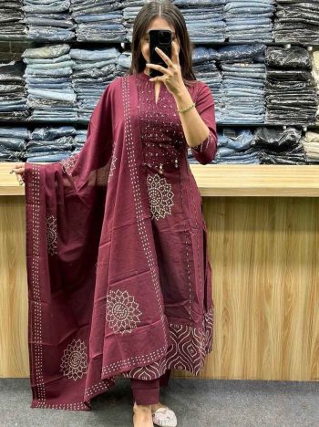 RICH LOOK COTTON ADDA WORK & HEAVY PINTEX WITH 4 PEARL LATKAN WORK TOP BOTTOM WITH DUPATTA MAROON