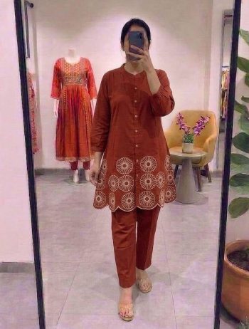 RICH LOOK COTTON EMBROIDERY WORK CO-ORD SET ORANGE
