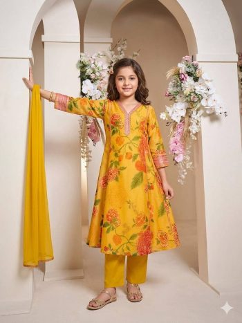 RICH LOOK COTTON PRINTED WORK KID'S TOP BOTTOM WITH DUPATTA YELLOW