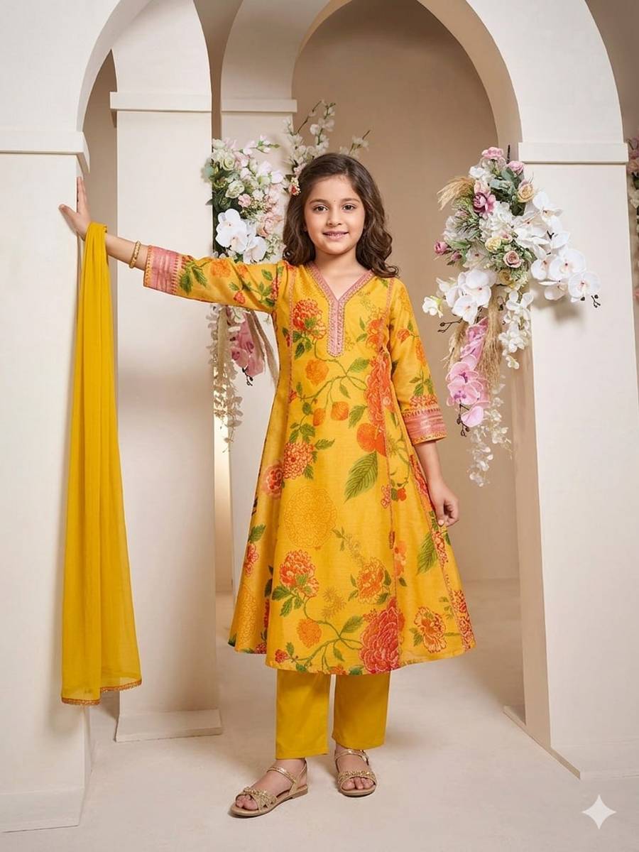 RICH LOOK COTTON PRINTED WORK KID'S TOP BOTTOM WITH DUPATTA FESTIVE WEAR WHOLESALE PRICE ETHNIC GARMENT (3)