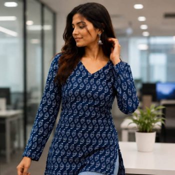 RICH LOOK COTTON PRINTED WORK SHORT KURTI BLUE