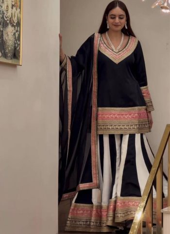 RICH LOOK CREPE SILK MULTI EMBROIDERY AND THREAD WORK TOP PALAZZO WITH DUPATTA WHITE AND BLACK