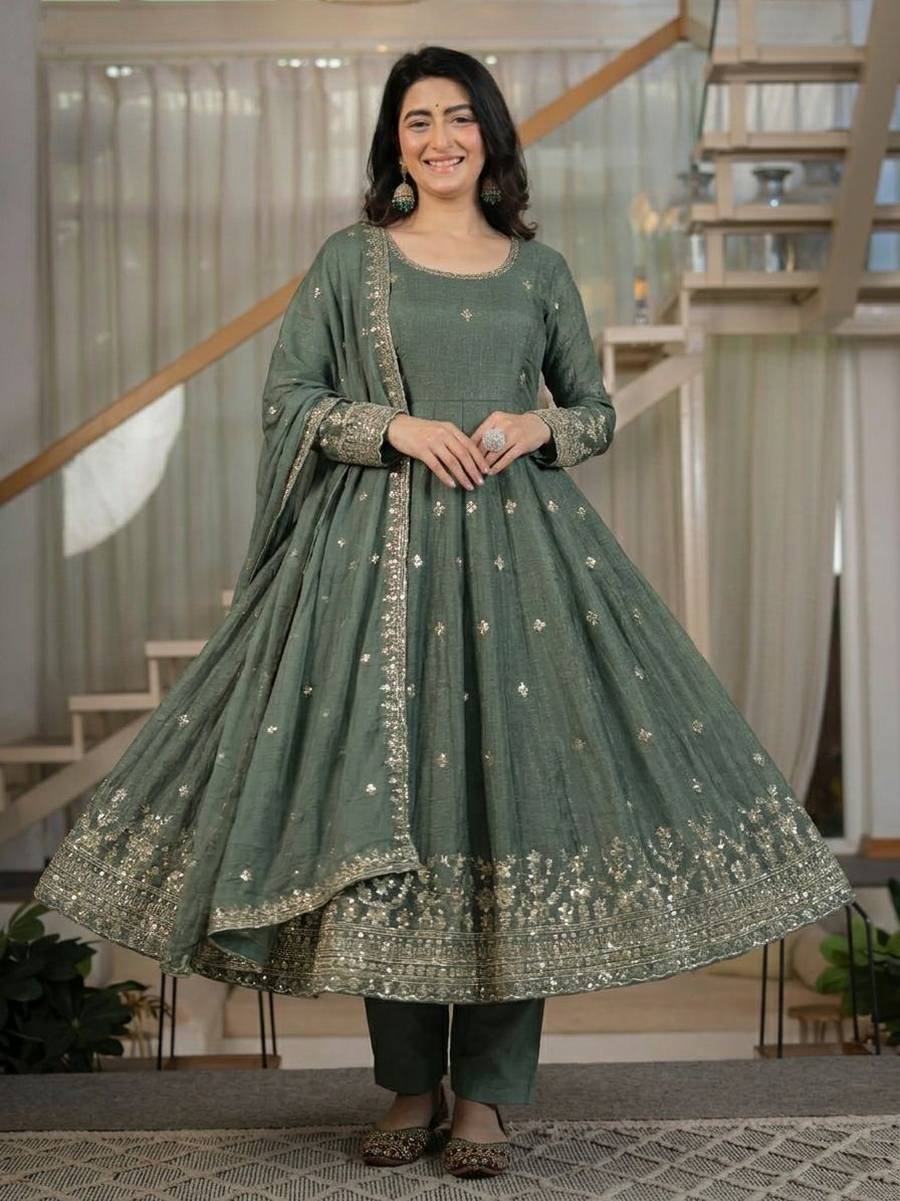RICH LOOK CRUNCHY SILK SEQUENCE EMBROIDERY WORK GOWN BOTTOM WITH DUPATTA FESTIVE WEAR WHOLESALE PRICE ETHNIC GARMENT (2)