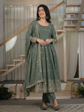 RICH LOOK CRUNCHY SILK SEQUENCE EMBROIDERY WORK GOWN BOTTOM WITH DUPATTA MINT