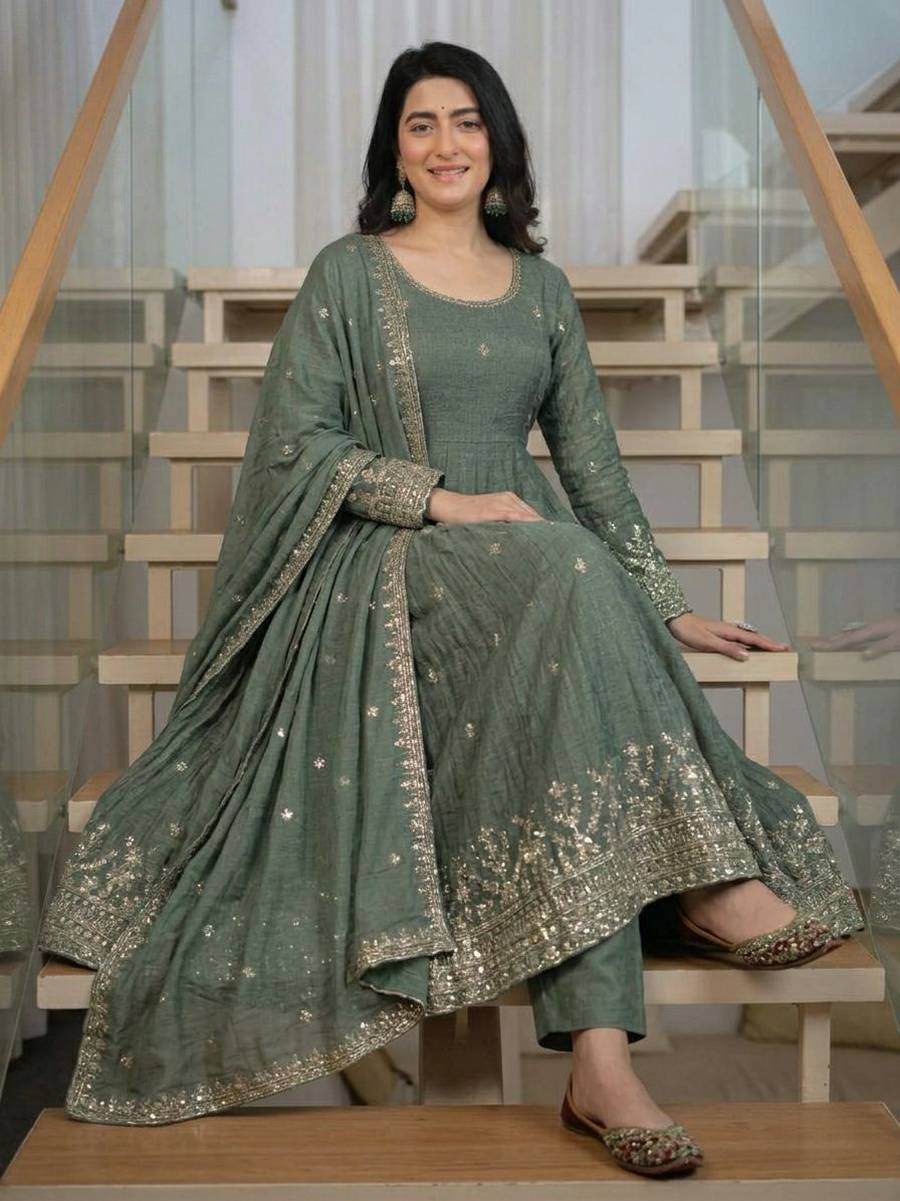 RICH LOOK CRUNCHY SILK SEQUENCE EMBROIDERY WORK GOWN BOTTOM WITH DUPATTA FESTIVE WEAR WHOLESALE PRICE ETHNIC GARMENT (6)