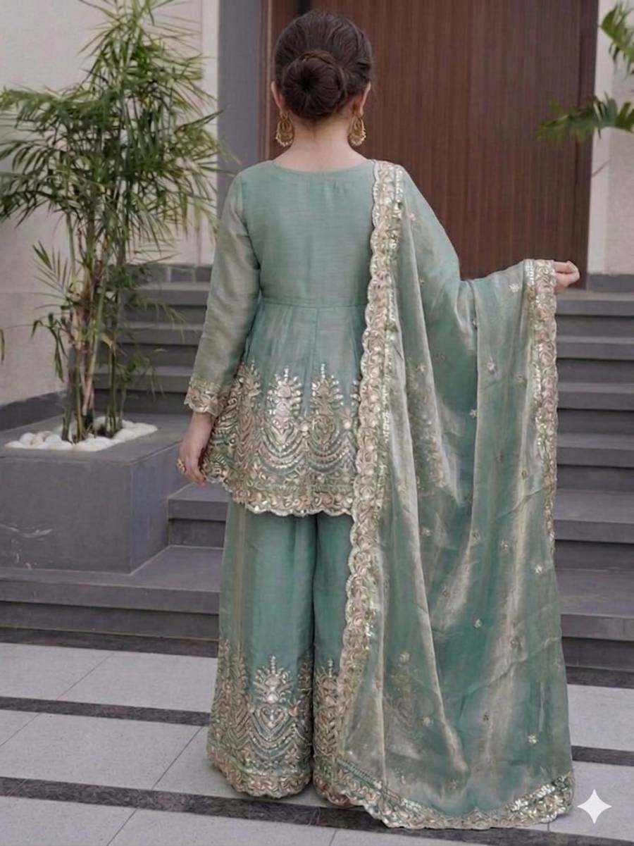 RICH LOOK FENDY SILK EMBROIDERY & SEQUENCE WORK KID'S TOP PALAZZO WITH DUPATTA FESTIVE WEAR WHOLESALE PRICE ETHNIC GARMENT (7)