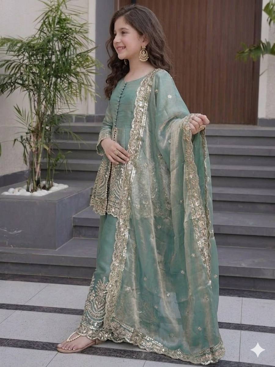 RICH LOOK FENDY SILK EMBROIDERY & SEQUENCE WORK KID'S TOP PALAZZO WITH DUPATTA FESTIVE WEAR WHOLESALE PRICE ETHNIC GARMENT (8)