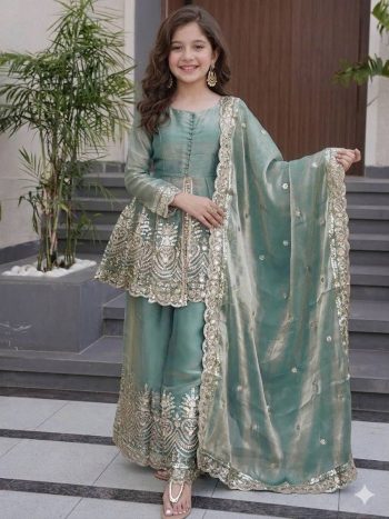 RICH LOOK FENDY SILK EMBROIDERY & SEQUENCE WORK KID'S TOP PALAZZO WITH DUPATTA SKY