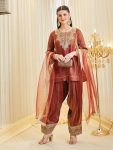 RICH LOOK FENDY SILK EMBROIDERY SEQUENCE WORK  TOP PATIYALA WITH DUPATTA ORANGE