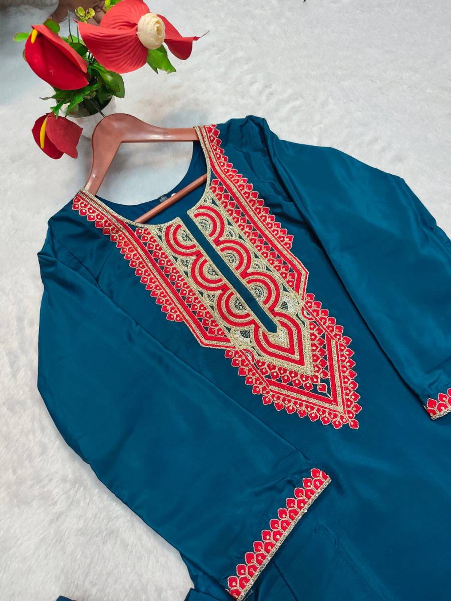 RICH LOOK FRENCH CREPE EMBROIDERY WORK TOP PENT SET FESTIVE WEAR WHOLESALE PRICE ETHNIC GARMENT (1)