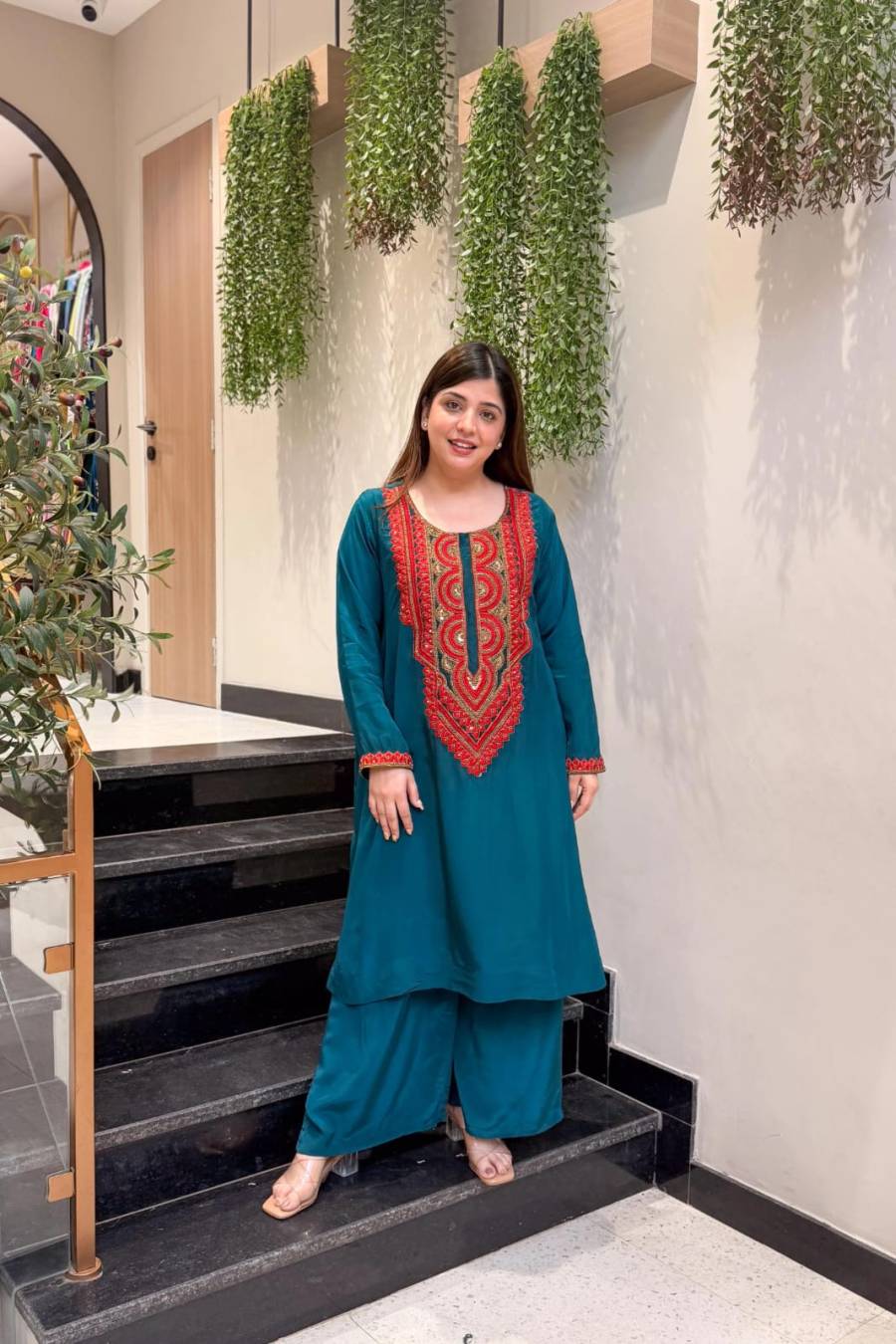 RICH LOOK FRENCH CREPE EMBROIDERY WORK TOP PENT SET FESTIVE WEAR WHOLESALE PRICE ETHNIC GARMENT (10)
