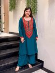 RICH LOOK FRENCH CREPE EMBROIDERY WORK TOP PENT SET TEAL