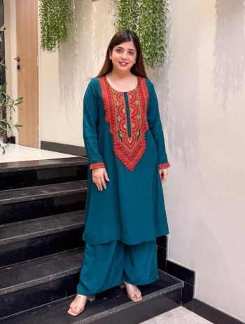 RICH LOOK FRENCH CREPE EMBROIDERY WORK TOP PENT SET TEAL