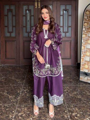 RICH LOOK FRENCH CREPE THREAD EMBROIDERY WORK TOP PALAZZO WITH DUPATTA PURPLE