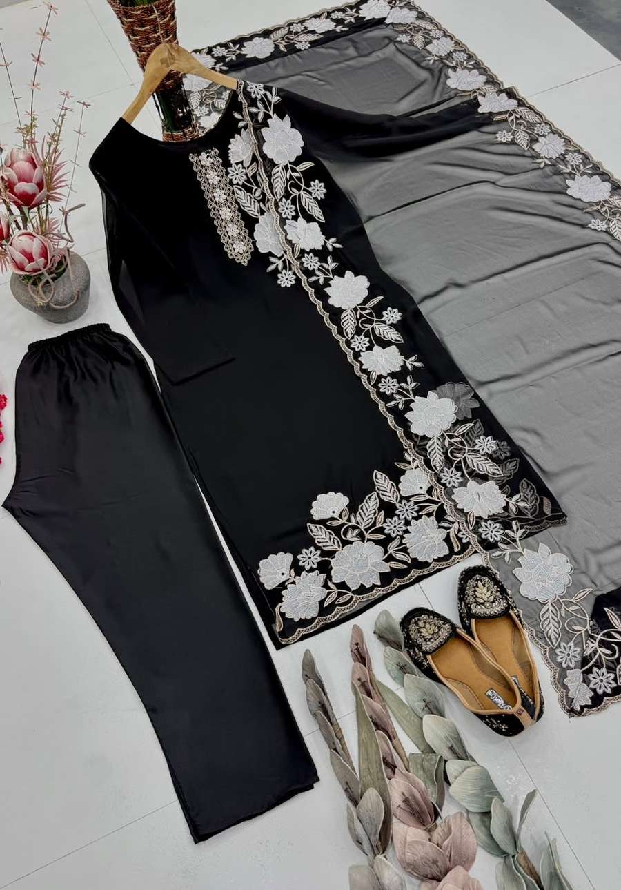 RICH LOOK FUAX GEORGETTE EMBROIDERY THREAD TOP BOTTOM WITH DUPATTA CASUAL WEAR WHOLESALE PRICE ETHNIC GARMENT (1)