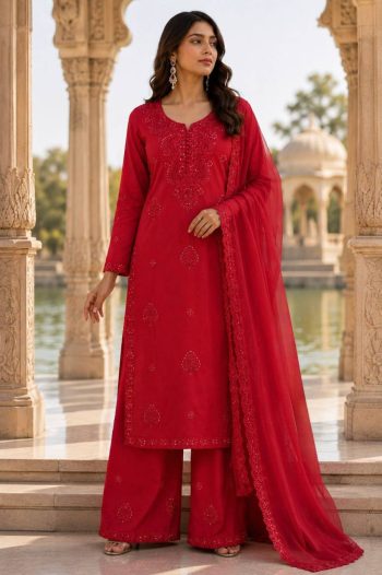 RICH LOOK GEORGETTE EMBROIDERY  SEQUENCE WORK TOP PALAZZO WITH DUPATTA RED